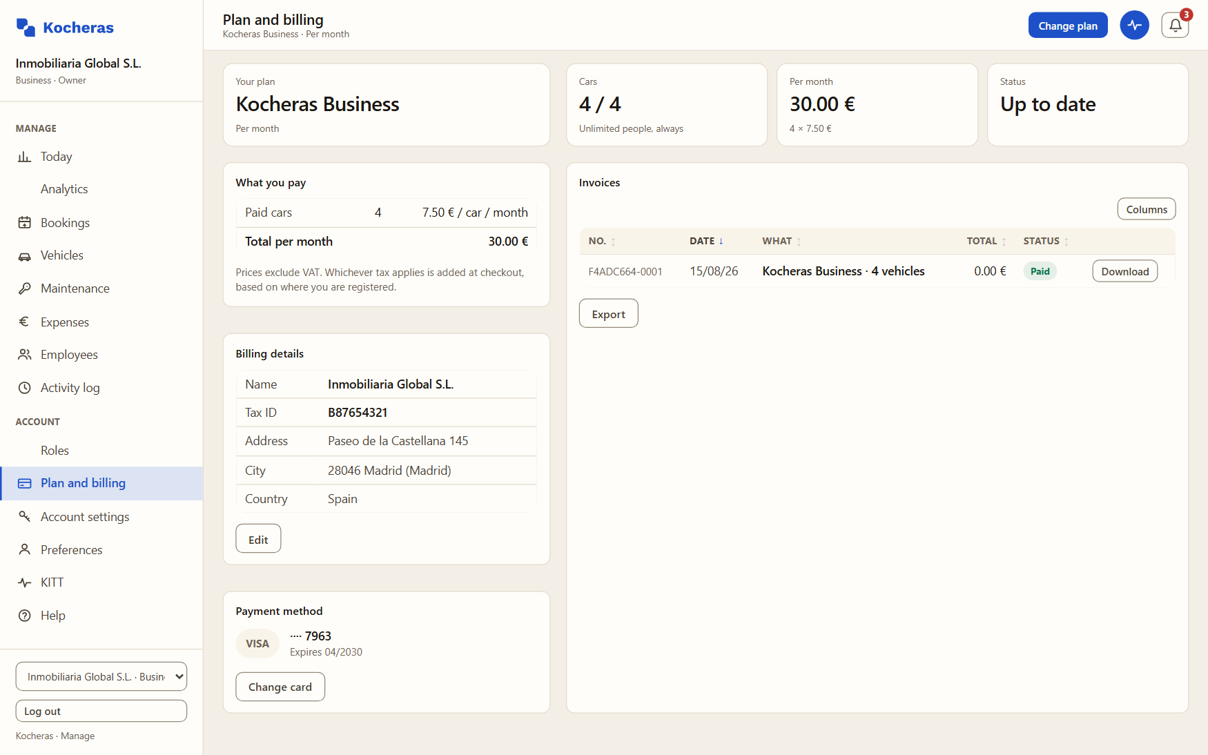 Plan and billing. How many vehicles fit, what you pay and the invoice, all self-service.