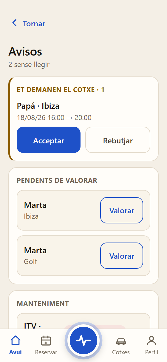 T'avisa a temps. Quan et demanen el cotxe i quan algú es passa d'hora.